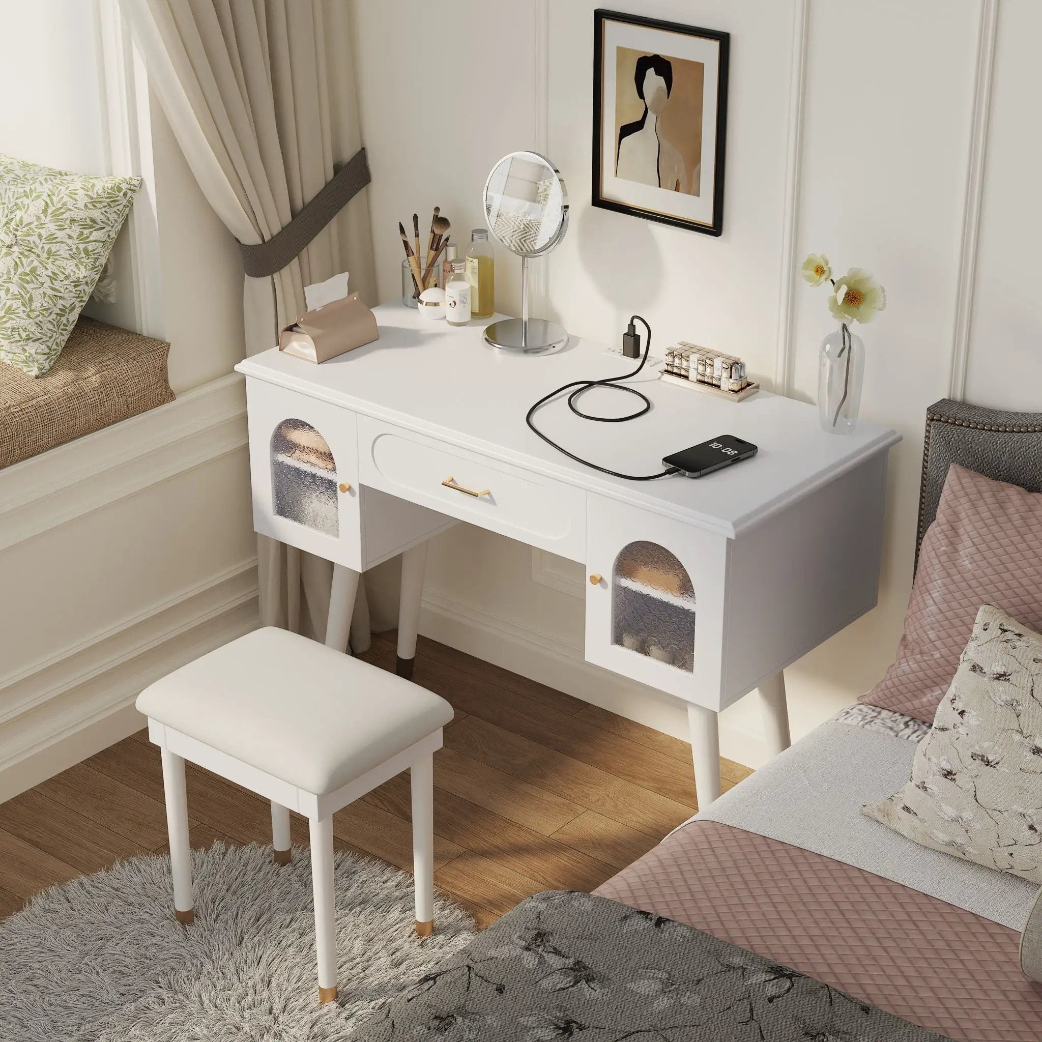 Elegant Vanity Makeup Table & Chair Set Modern Dressing Table With Organizer Writing Desk Charging Port Engineered Wood - White by Unique Piece Furniture