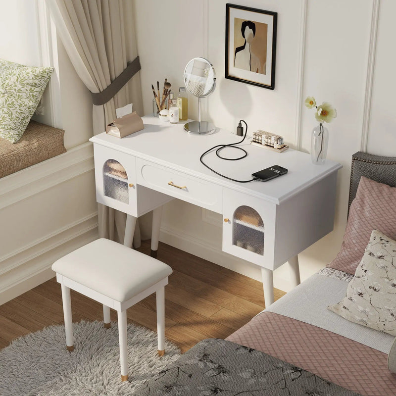 Elegant Vanity Makeup Table & Chair Set Modern Dressing Table With Organizer Writing Desk Charging Port Engineered Wood - White by Unique Piece Furniture