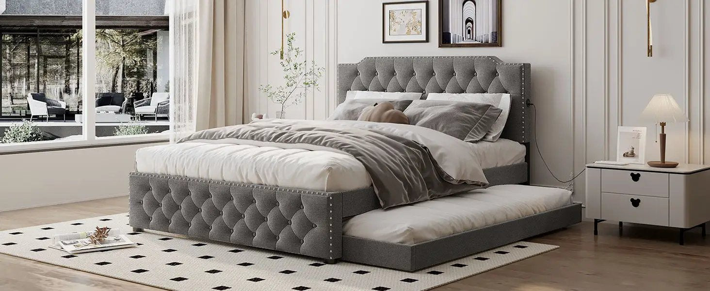 Upholstered Platform Bed With Trundle And 2 Sets Of USB Ports On Each Side, Fabric by HouseOfZazla
