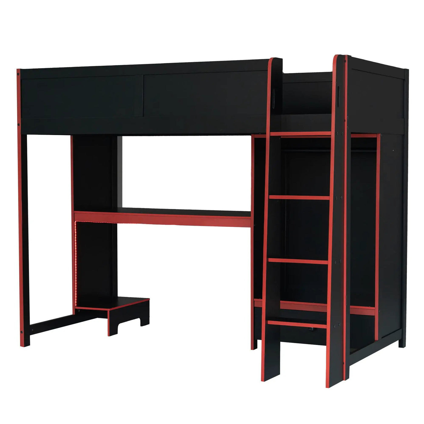 Gaming Loft Bed With Built In Desk, Wardrobe, LED Lighting And Drawer by HouseOfZazla