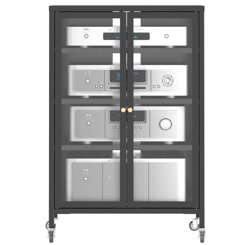 Media Storage Cabinet With Wheels, 4 Adjustable Glass Shelves & Door, Heavy-Duty - Black by HouseOfZazla