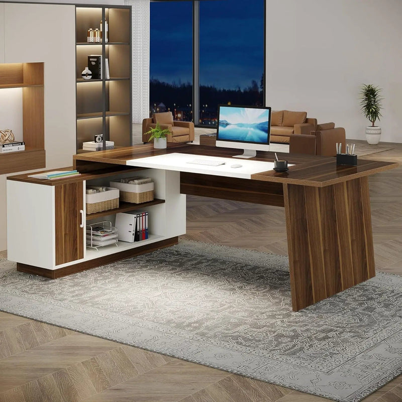 L-Shaped Executive Desk With Storage Cabinet And Shelves For Home Office - White / Walnut by HouseOfZazla