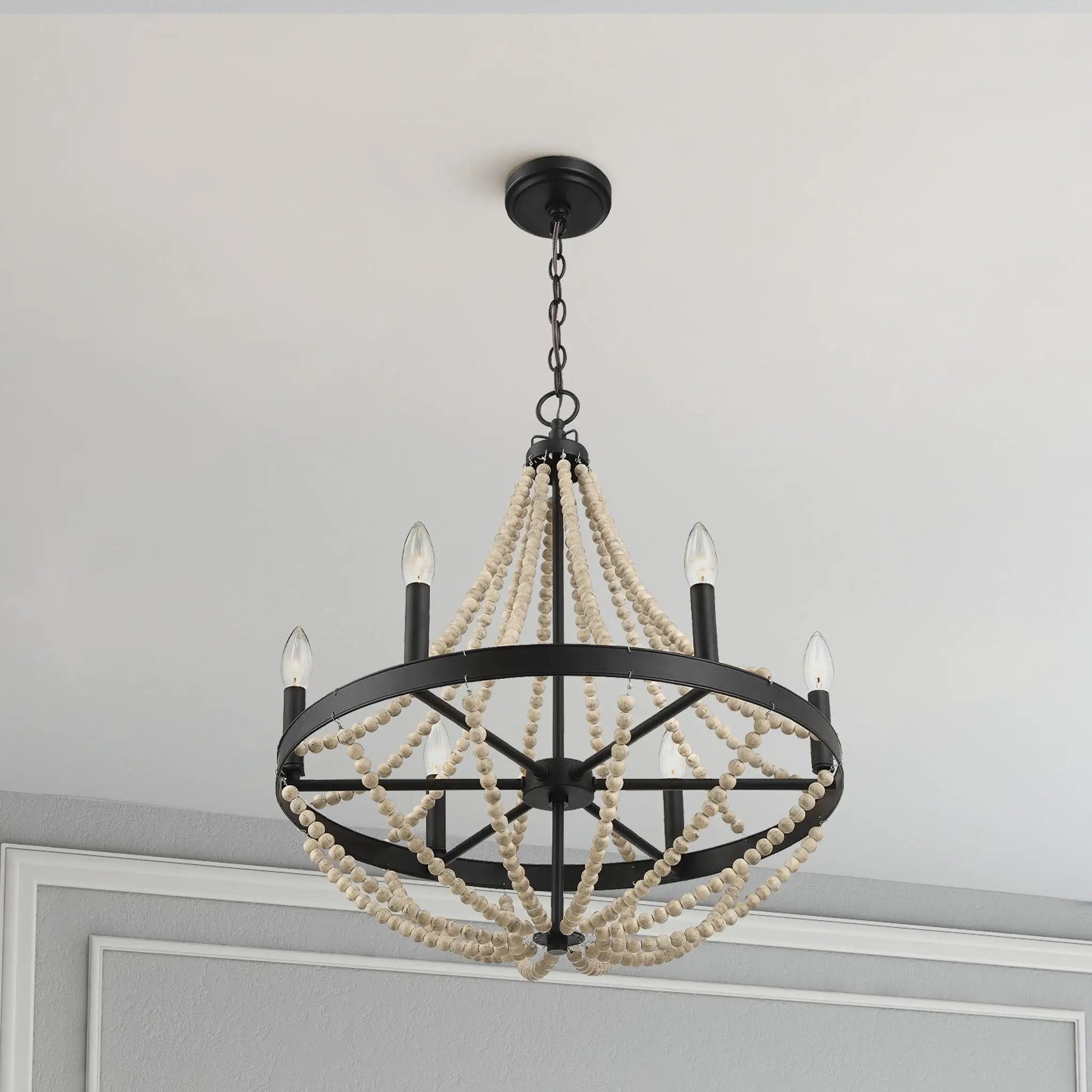 Starry - Chandelier 6 Candle Light Wood Beaded Pendant Light For Dining Room - Black / Clear by HouseOfZazla