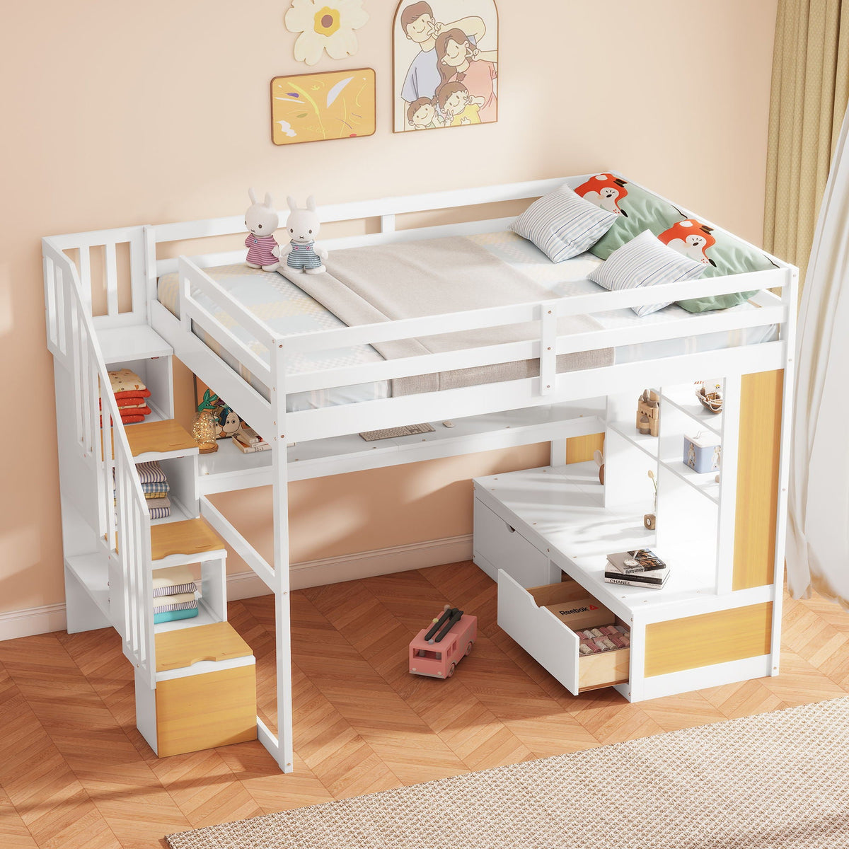 Full Size Loft Bed with Desk, Drawers & Storage Staircase - Natural / White, photo 8 of 13