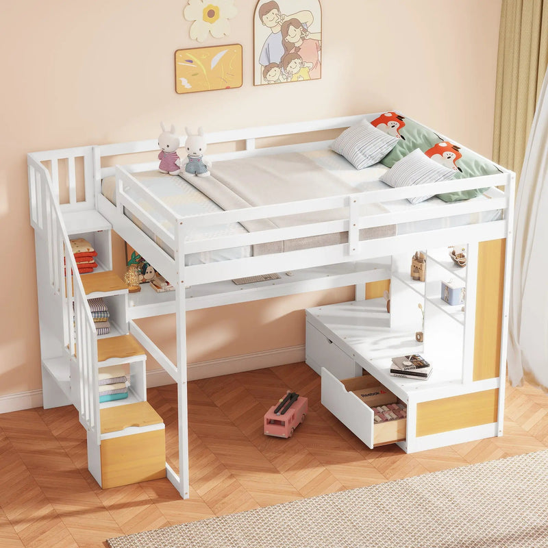 Full Size Loft Bed With Desk And Shelves, 2 Built In Drawers, Storage Staircase - Natural / White by HouseOfZazla