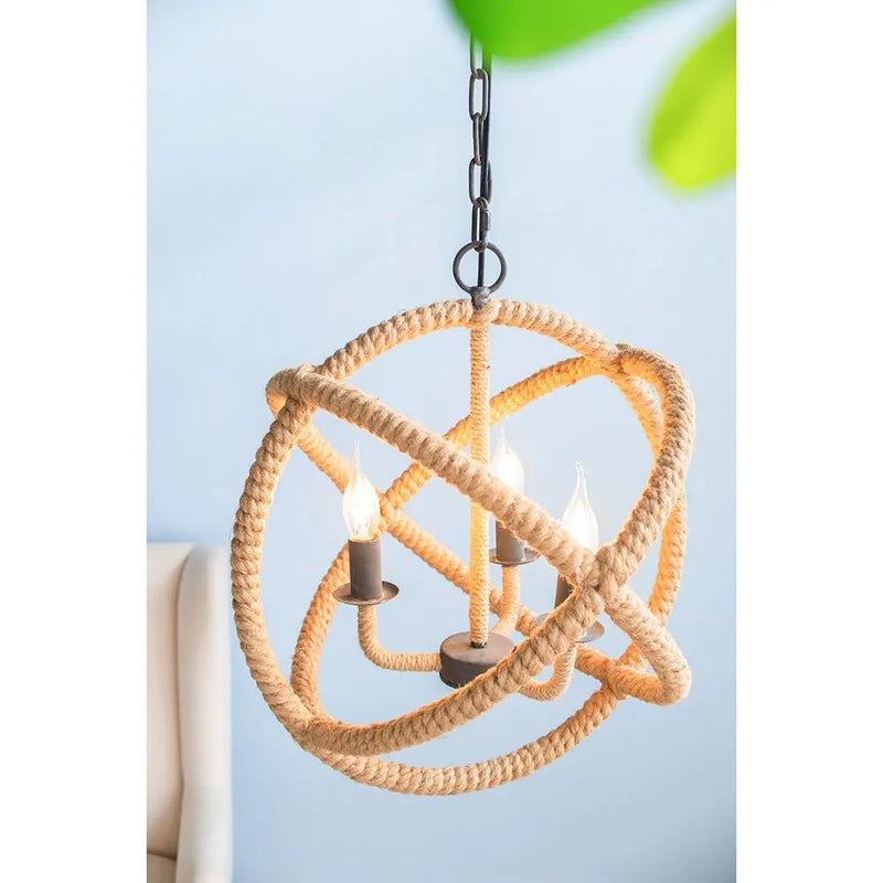3 Light Farmhouse Chandelier, Rope Chandelier Globe Hanging Light Fixture With With Adjustable Chain For Kitchen, Bulb Not Included - Beige Brown by Unique Piece Furniture