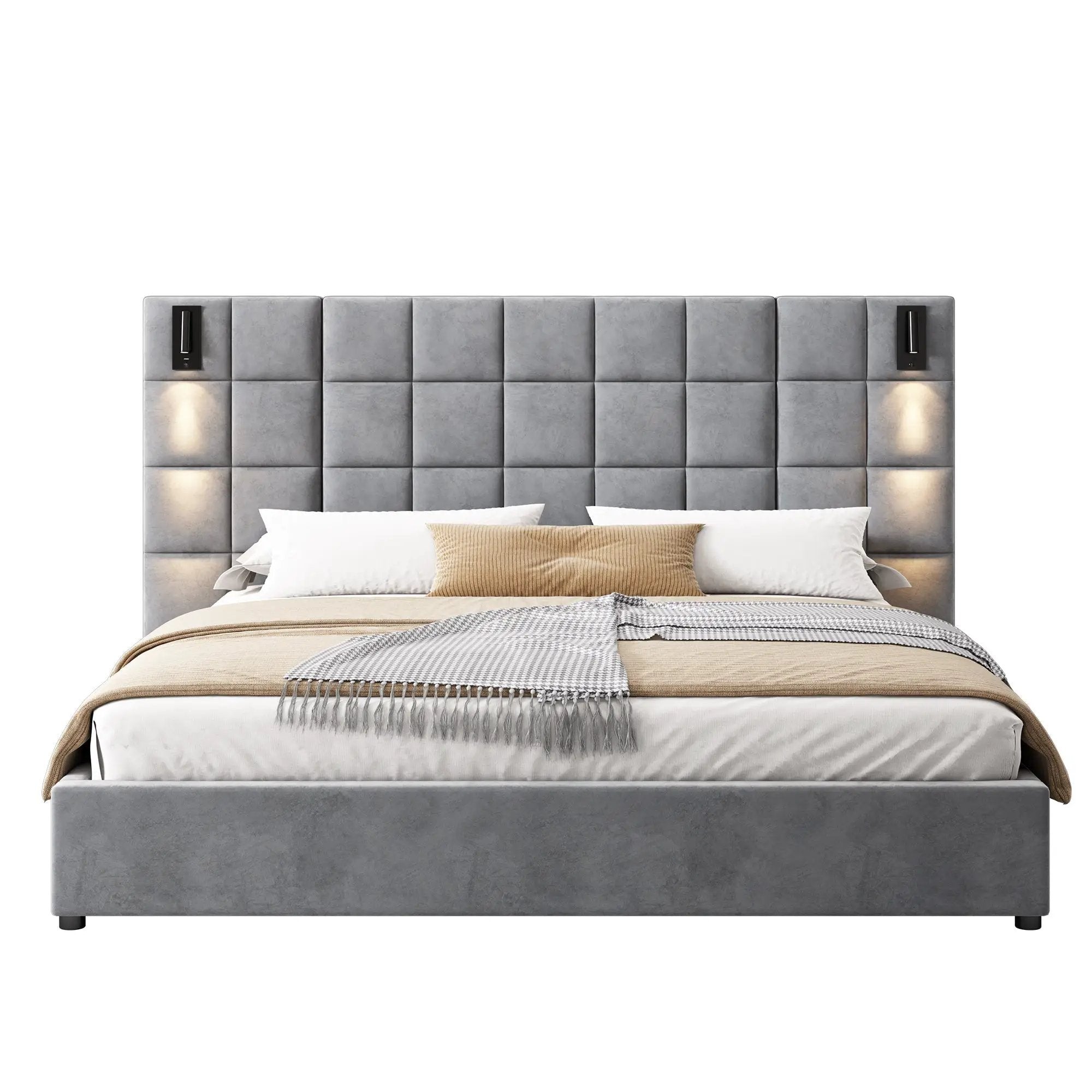 King Size Upholstered Bed Frame with Wall Sconce and USB Port by HouseOfZazla