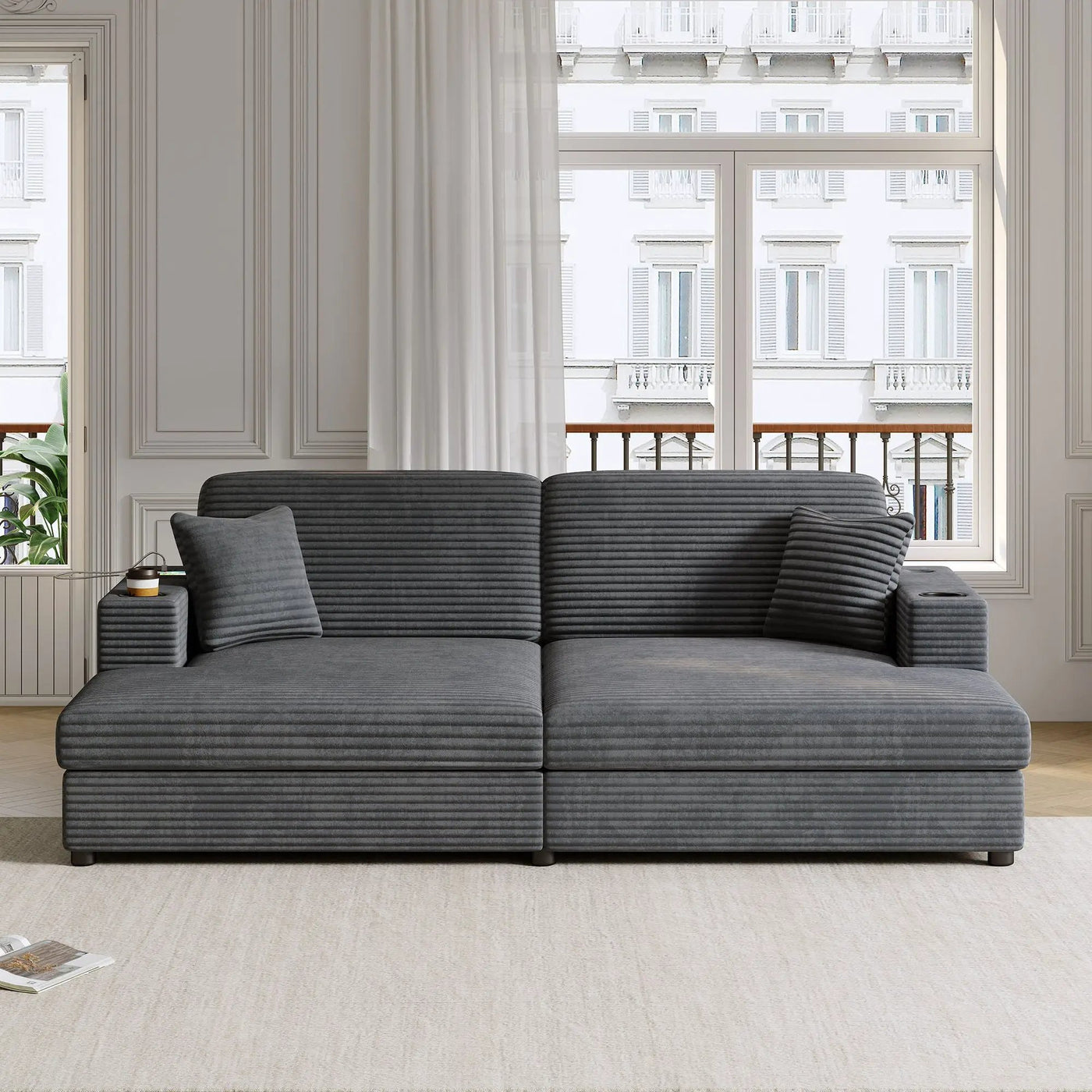 Oversized Loveseat Chaise With 2 USB Ports, 2 Cup Holders And 2 Throw Pillows by HouseOfZazla