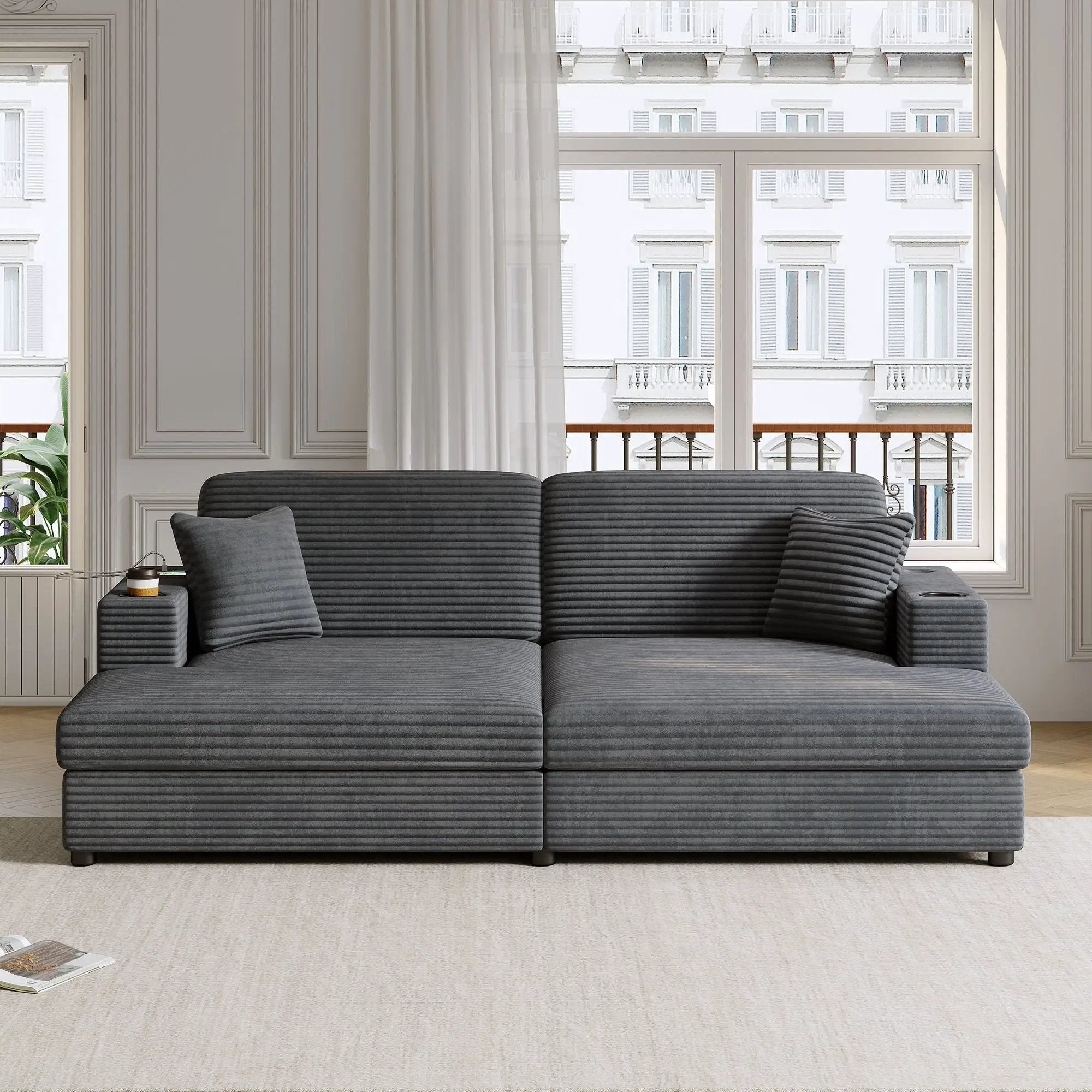 Oversized Loveseat Chaise With 2 USB Ports, 2 Cup Holders And 2 Throw Pillows by HouseOfZazla