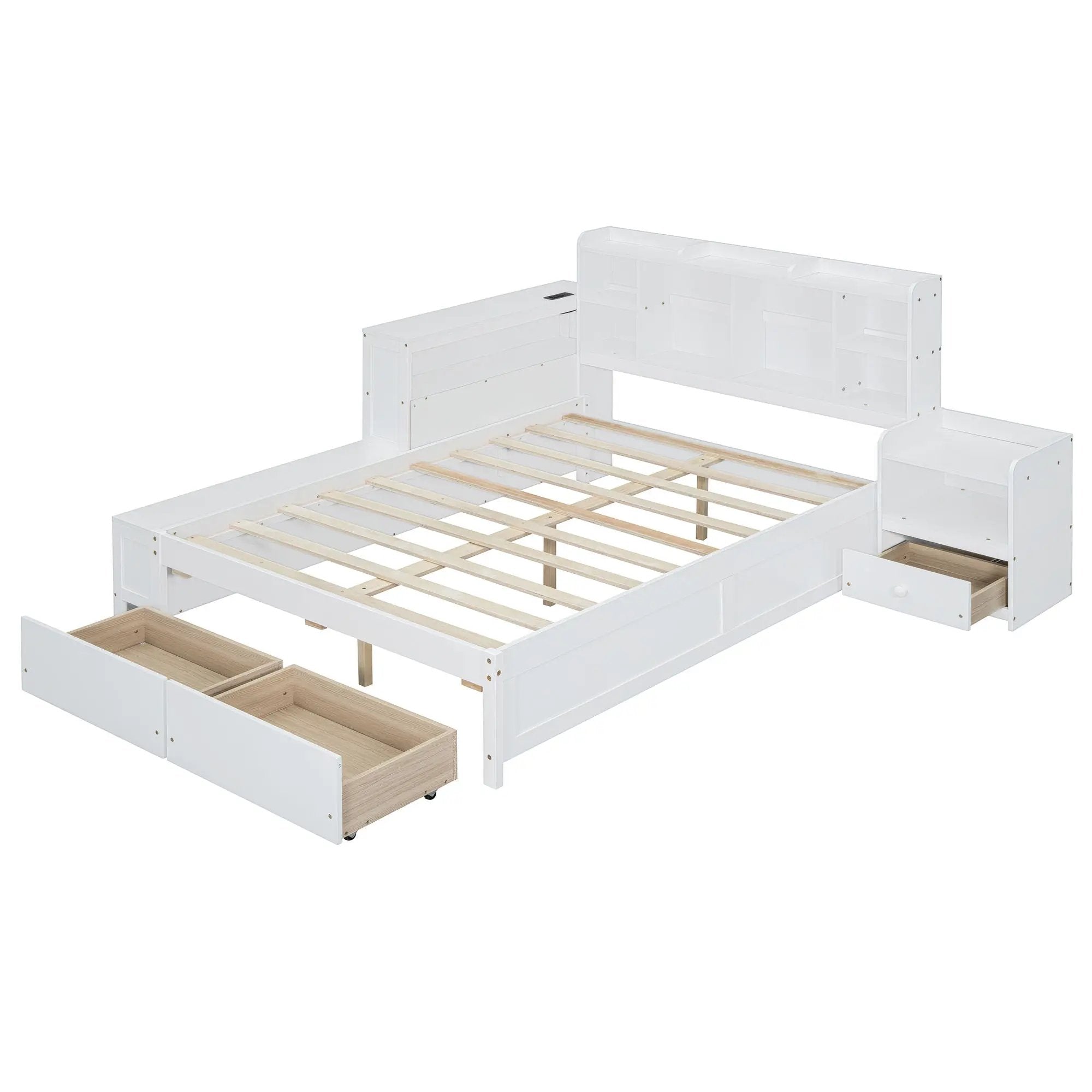 Platform Bed With Multi Functional Storage Space, Nightstand, 2 Drawers, USB Ports And Desk by HouseOfZazla