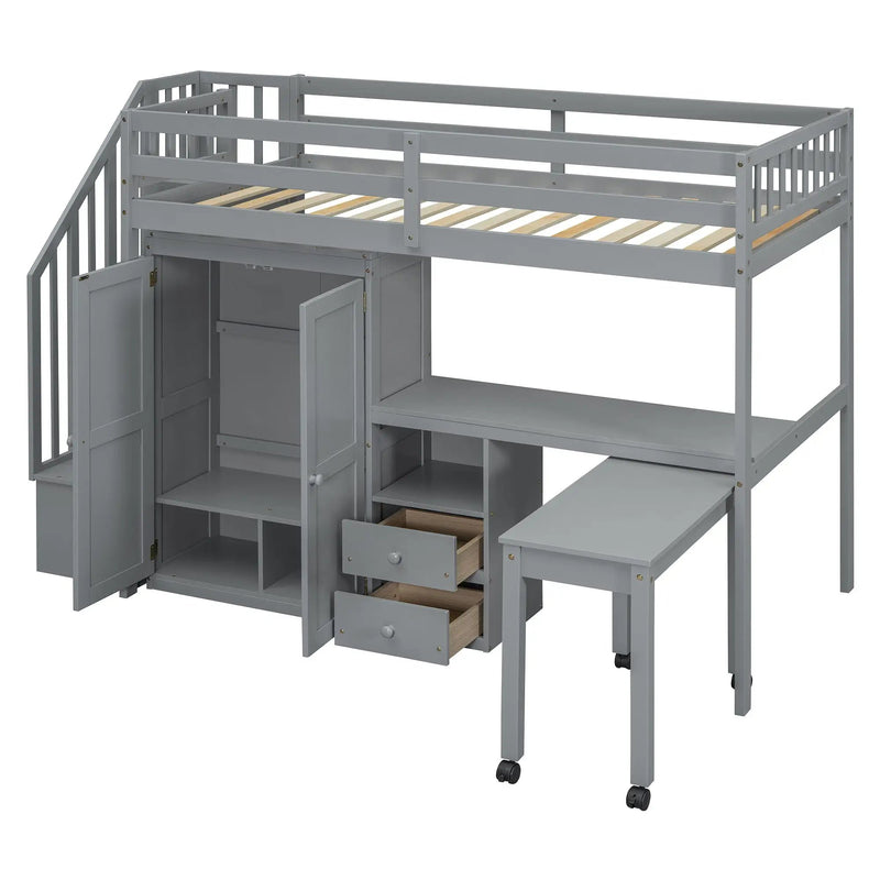 Loft Bed With Stairs, Bookshelf, Drawers, Desk & Wardrobe, Space Saving Multifunctional Furniture by HouseOfZazla
