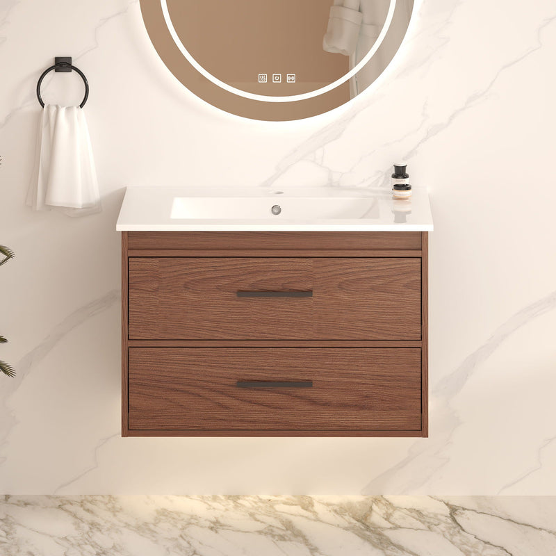 Wall Mounting Bathroom Vanity with Soft Close 2 Drawer, Sink - Reddish Brown, photo 4 of 4