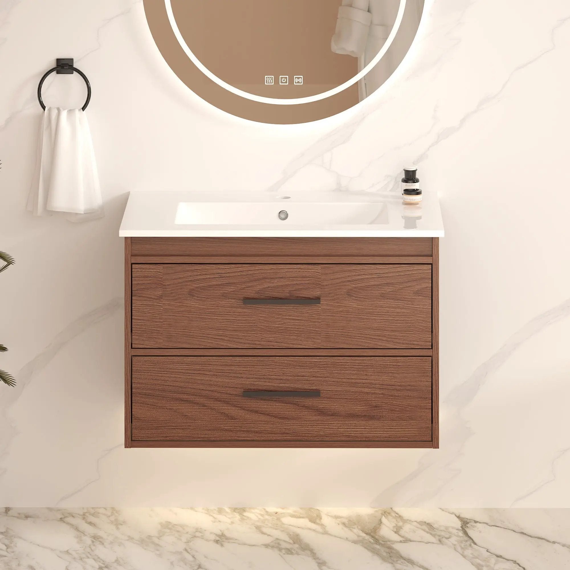 Wall Mounting Bathroom Vanity With Soft Close 2 Drawer, Sink - Reddish Brown by Unique Piece Furniture