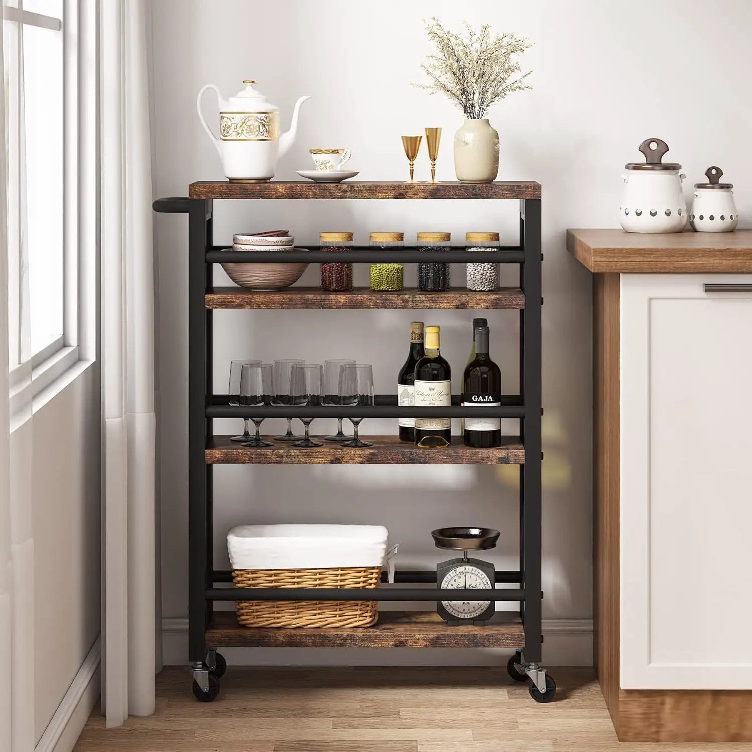 Slim 4 Tier Rolling Utility Cart With Wheels, Narrow Kitchen Storage Trolley - Brown / Black by HouseOfZazla