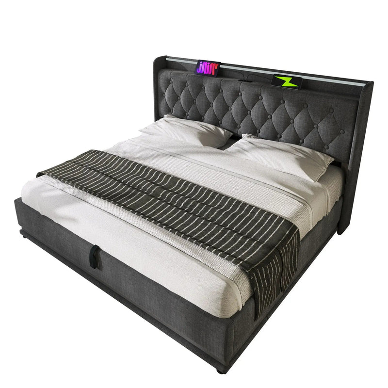 Upholstered Bed, 360 Surround LED Function, Remote Control, Hydraulic Storage Bed With USB, Type-C Charging (Without Mattress) by HouseOfZazla