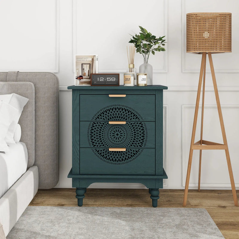 Hollow Carved 3 Drawer Dresser With Metal Handles, Storage Chest For Living Room Or Bedroom - Blackish Green by HouseOfZazla