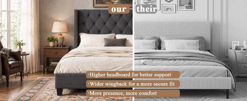 Modern Queen Size Platform Bed Frame with Tufted Velvet Headboard, photo 3 of 10