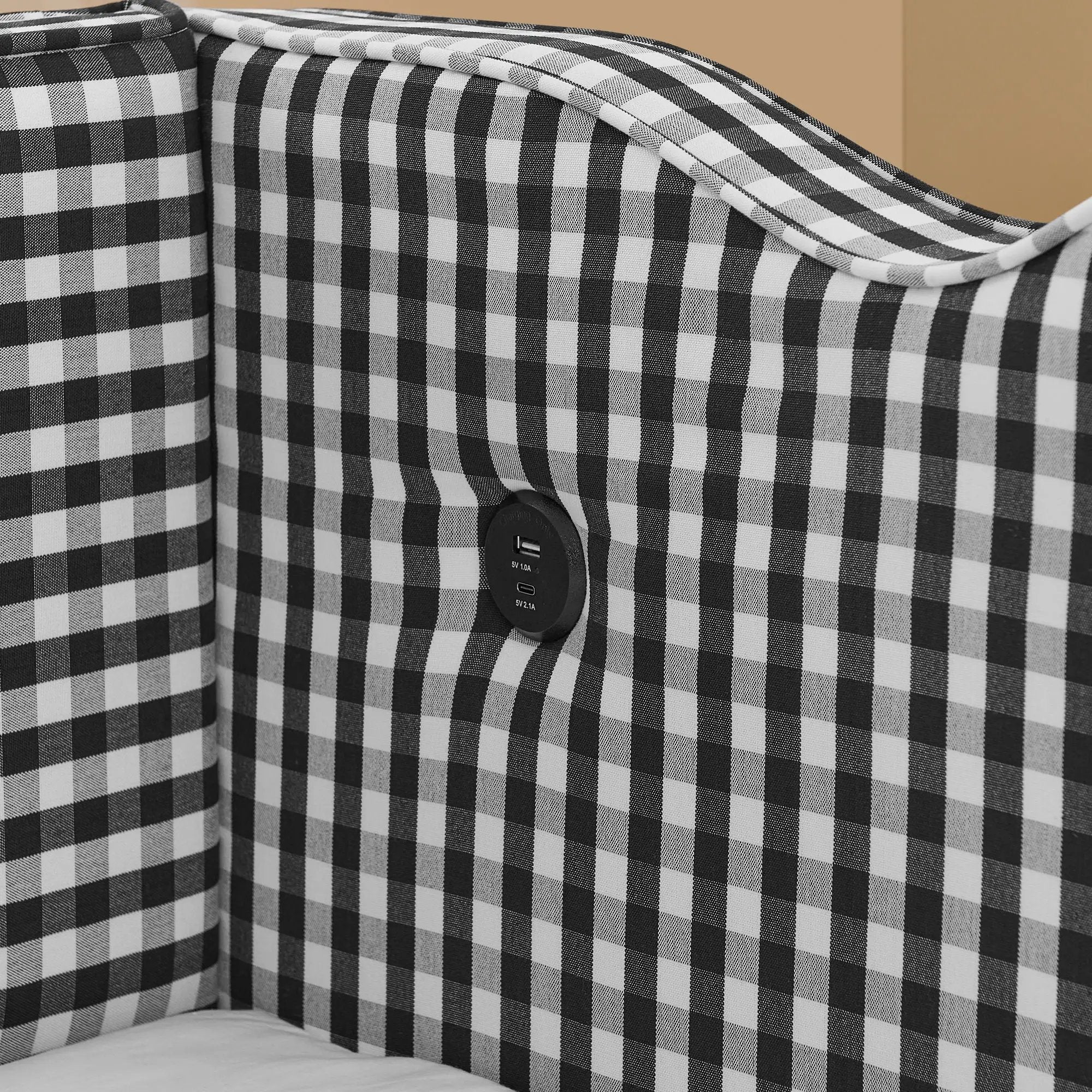 Gingham Daybed With USB Charging Port, Wave Shaped Design by Unique Piece Furniture