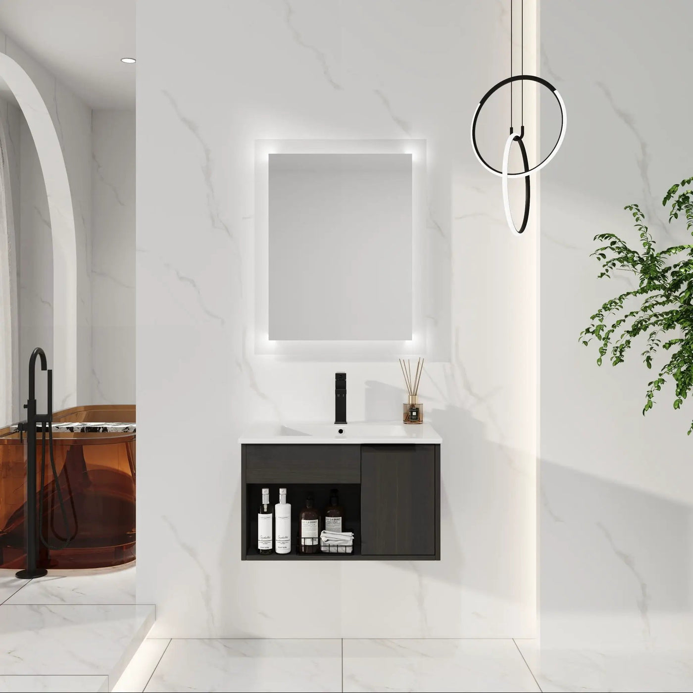 Wall Mounted Floating Bathroom Vanity With Open Shelf & Soft Close Door by HouseOfZazla