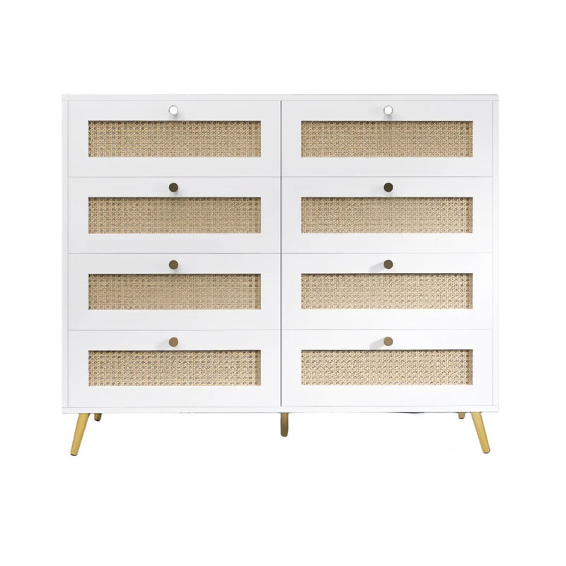 8 Drawers Chest Of Drawers With Rattan Drawer Face Golden Legs And Handles - White by HouseOfZazla