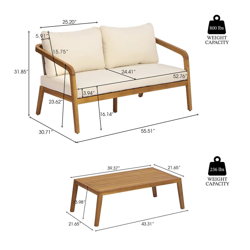 2-Piece Outdoor Loveseat & Coffee Table Set Acacia Wood Frame with PE Wicker Back & Water-Resistant Cushions by HouseOfZazla