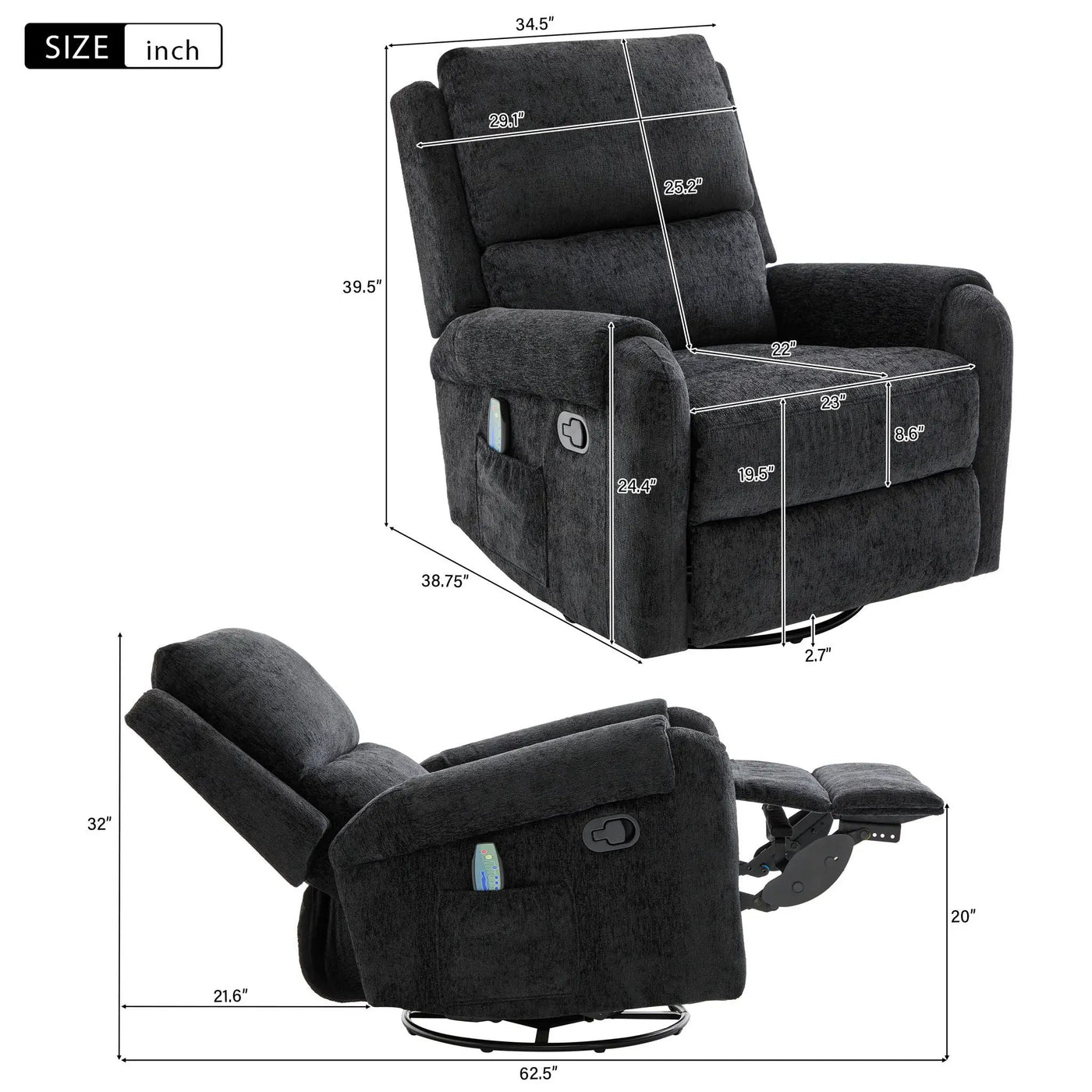 Manual Recliner Massage Chair With Swivel Rocker, 8 Massage Modes, Side Storage Pocket by HouseOfZazla