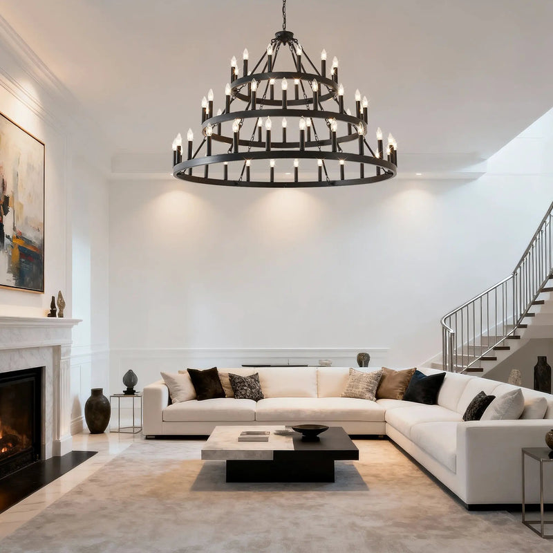 3 Tiers Wagon Wheel Chandelier - 54-Light Matte Black Metal by HouseOfZazla