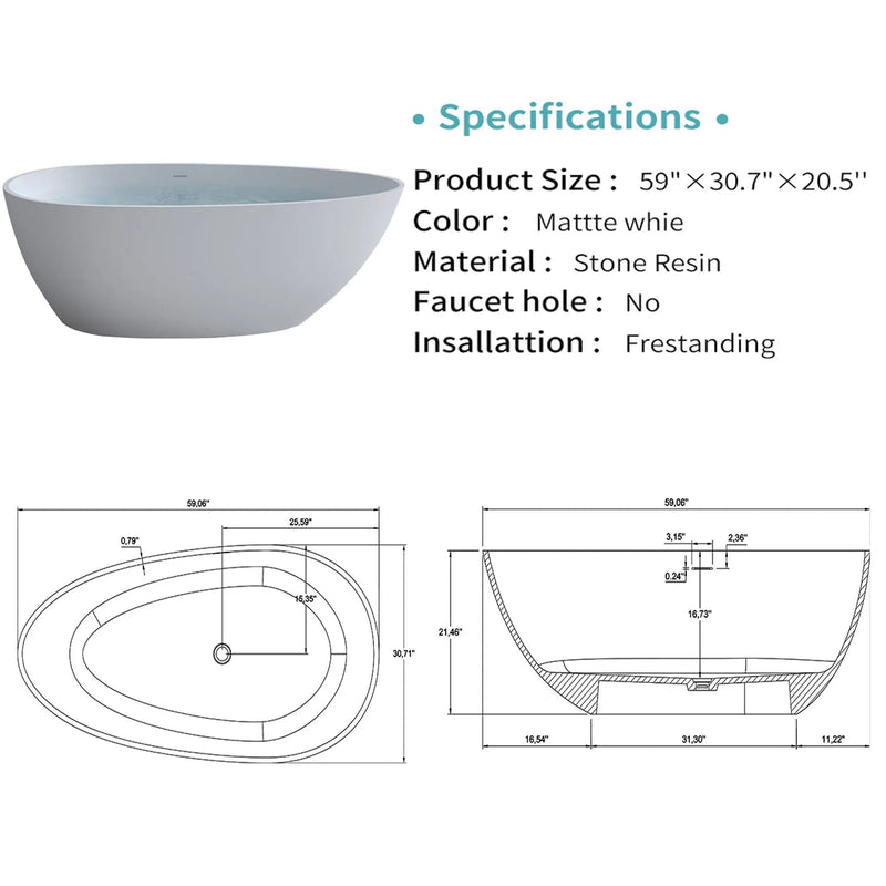 Solid Surface Matte Tub, Freestanding Solid Surface Resin Stone Bathtub, Solid Surface Matte White Soaking Tub, Free Standing Tub With Overflow And Pop-Up Drain - Matte White by HouseOfZazla