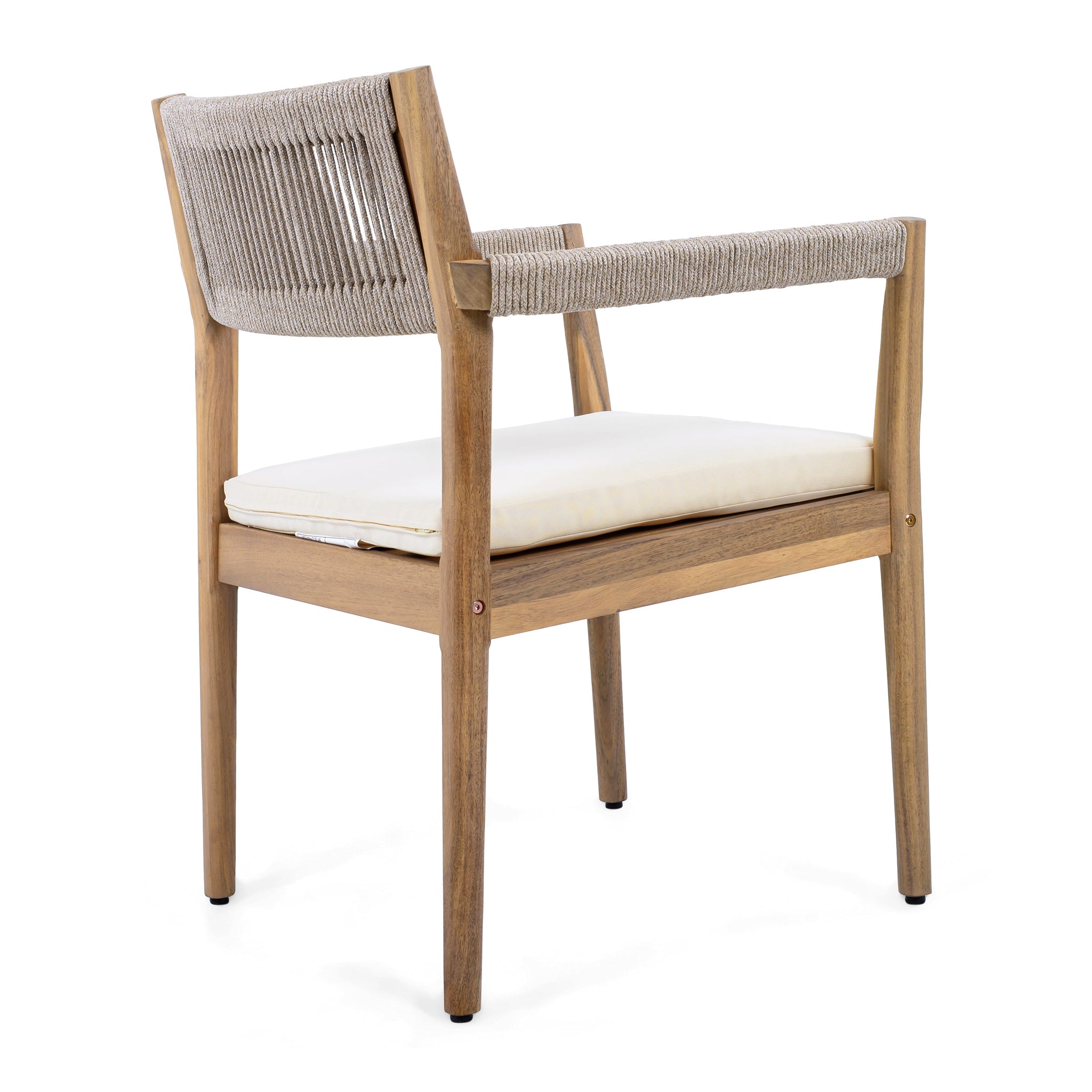 Braided Acacia Wood Outdoor Dining Chairs Set of 4 – Teak Look with Beige Rope & Cream Cushions by HouseOfZazla