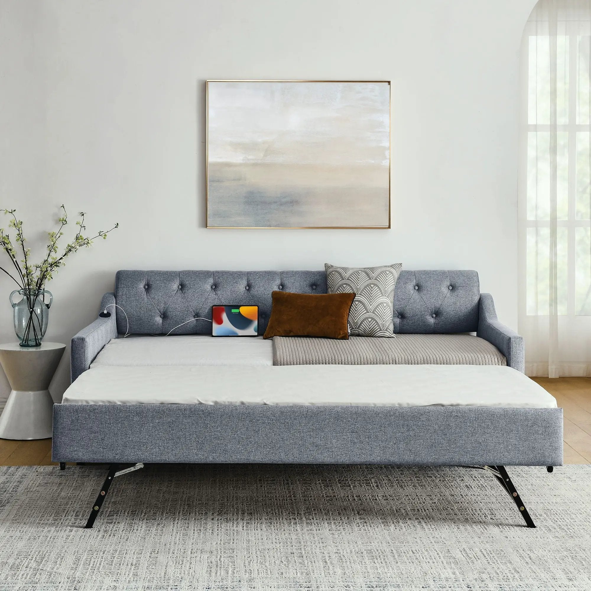 Size Upholstered Daybed With Trundle And USB Charging Armrest by Unique Piece Furniture
