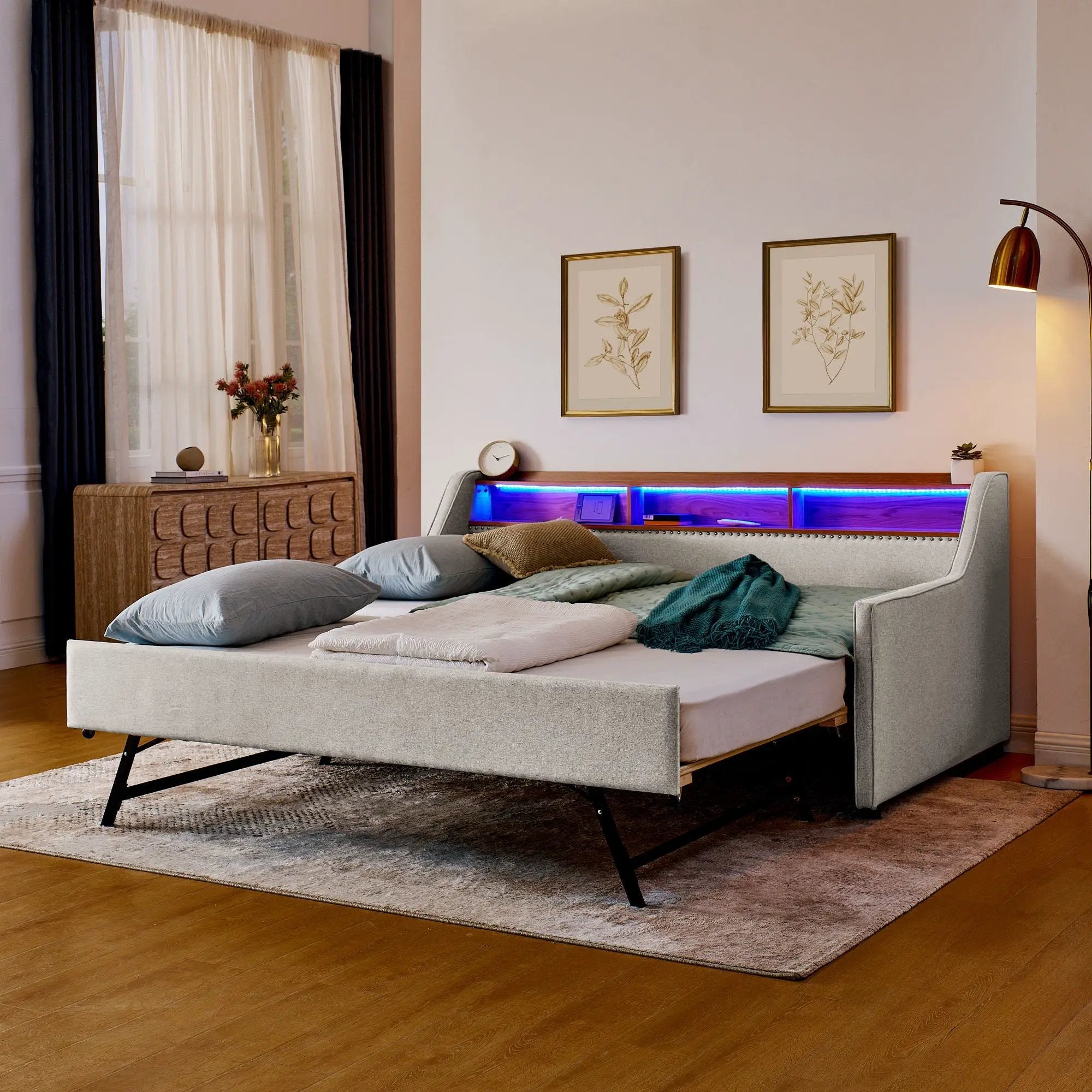 Upholstered Sofa Bed With LED Lights, Storage Headboard, Foldable Trundle & Wireless Charging by Unique Piece Furniture