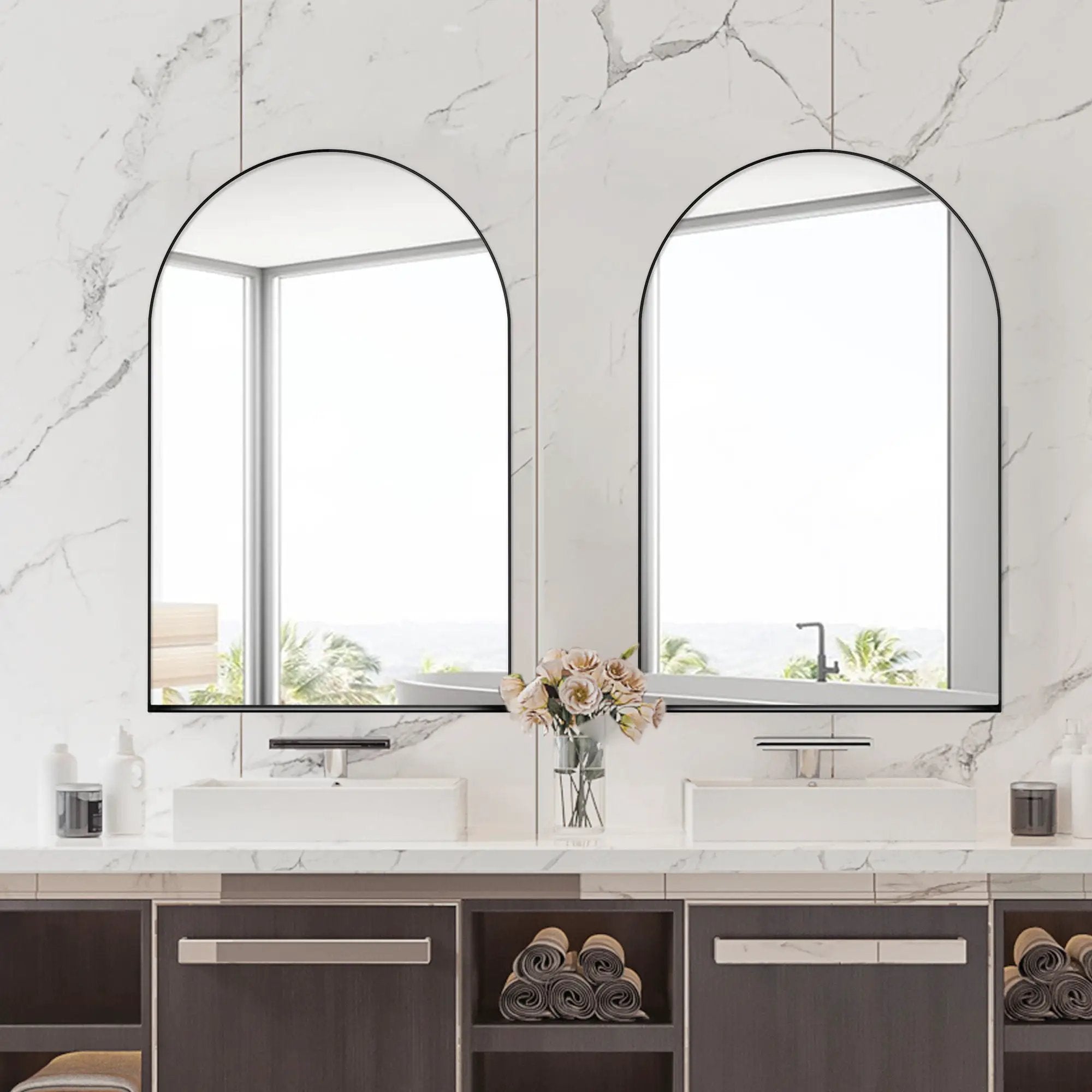 Arched Recessed Medicine Cabinet, Metal Framed Bathroom Wall Cabinet With Mirror And Adjustable Shelves, Wall Mirror With Storage For Bathroom by Unique Piece Furniture