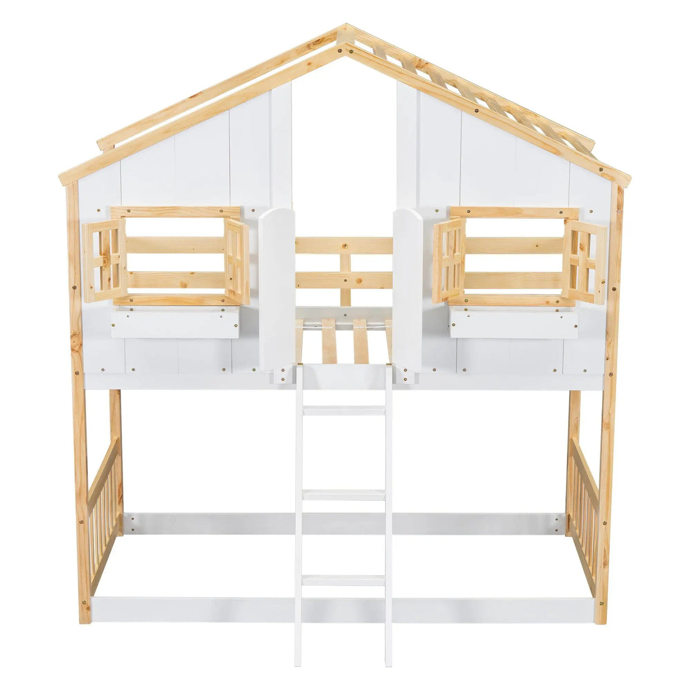 House Bunk Bed With Roof, Window, Window Box, Door, With Safety Guardrails And Ladder by HouseOfZazla