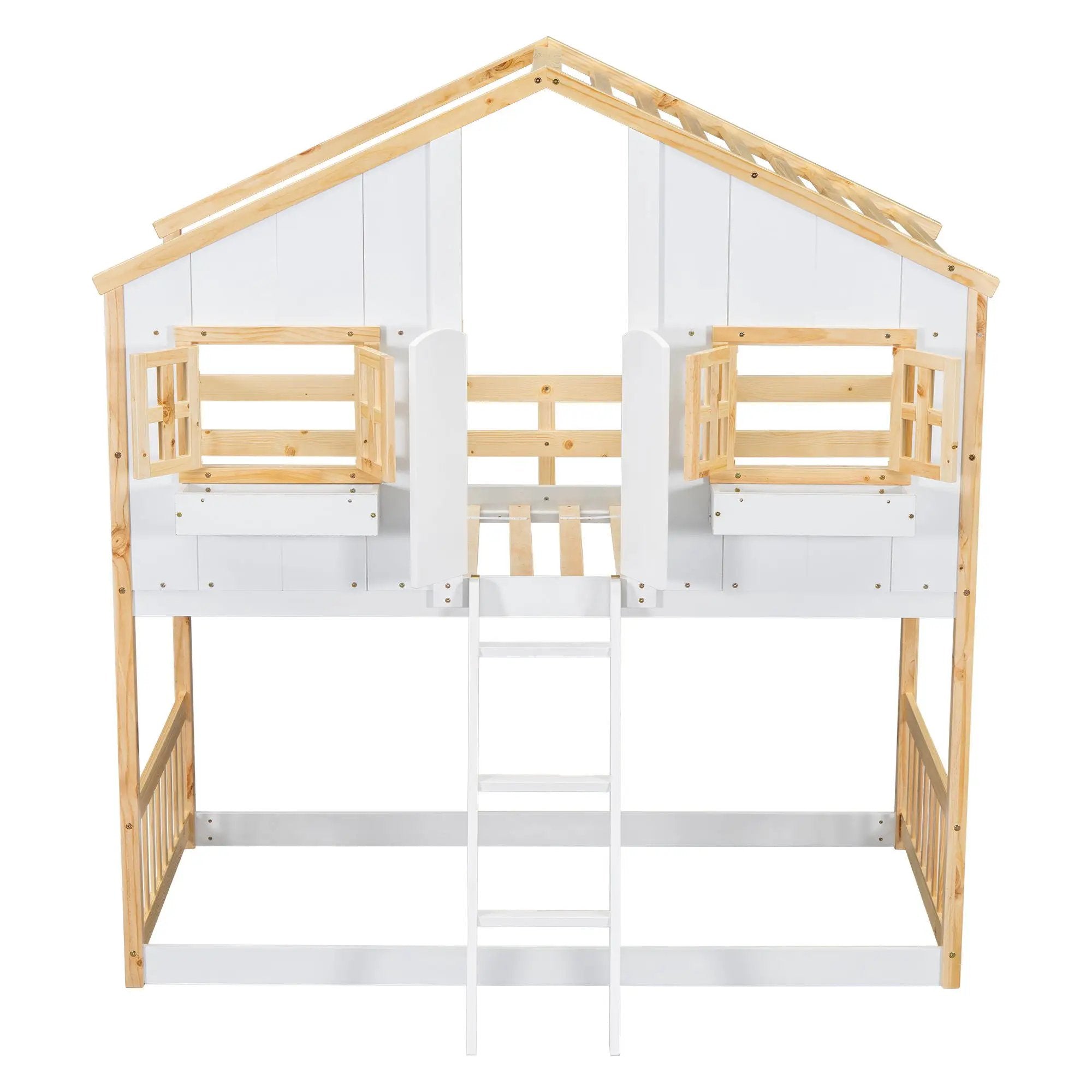 House Bunk Bed With Roof, Window, Window Box, Door, With Safety Guardrails And Ladder by HouseOfZazla