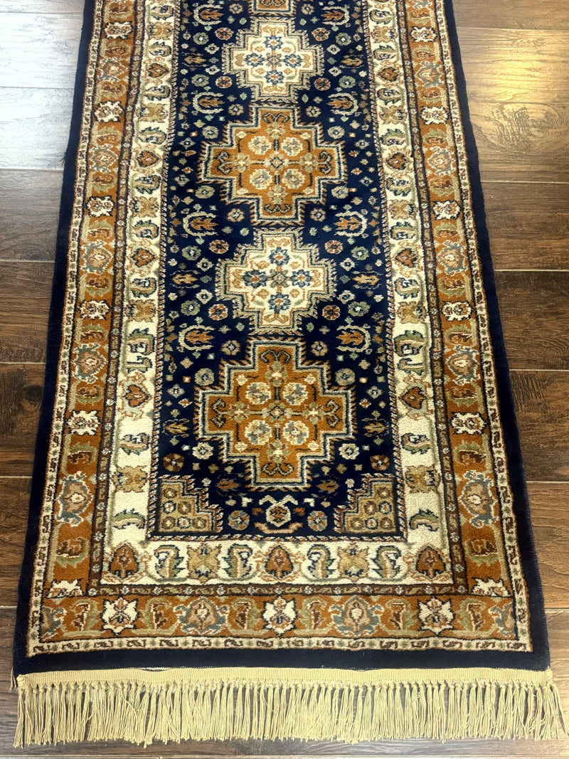 Indo Persian Runner Rug 2.6 x 12.7, Indian Kashmiri Runner for Hallway or Kitchen, Navy Blue, Geometric Medallions, Handmade Wool by Jewel Rugs
