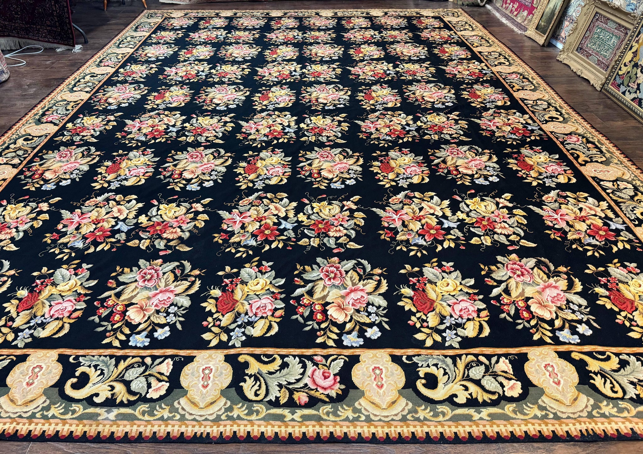 Palace Size Needlepoint Rug 12x16, Black and Colorful, Floral Panel, Handmade Oversized Wool Needlepoint Carpet, Rare by Jewel Rugs