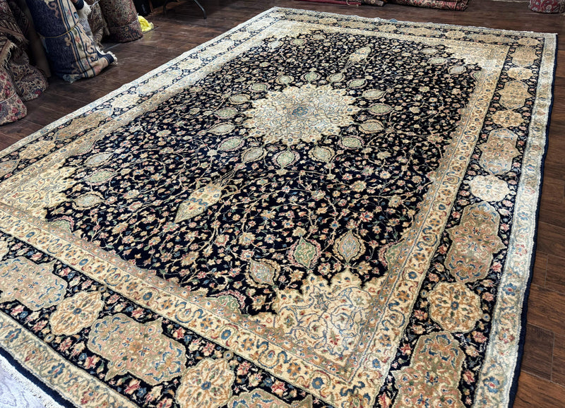 Large Persian Kerman Rug 10x14, Navy Blue and Beige, Floral Medallion, Traditional Elegant Persian Carpet, Signed by Masterweaver by Jewel Rugs