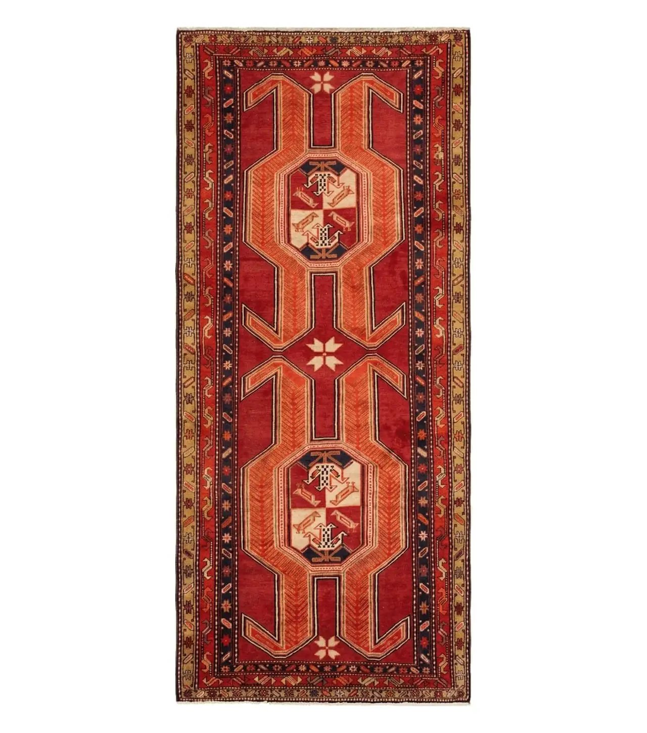 4' 10" X 11' Antique Handmade Turkish Kazak Wool Rug SHIELD Hand Knotted Red by Jewel Rugs