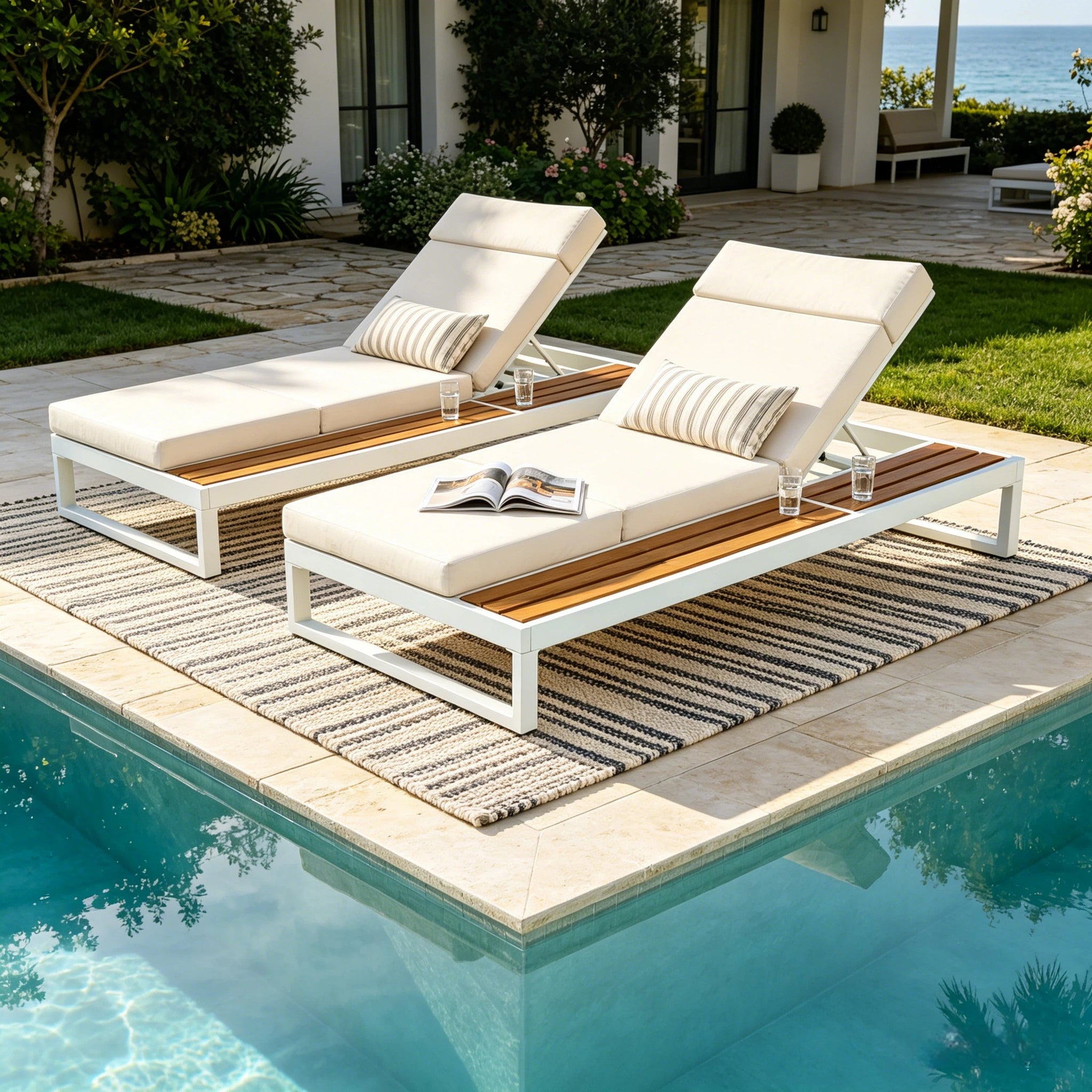 White Iron & Teak Finish Chaise Lounge Set: 1 Frame + 1 4-Fold by HouseOfZazla