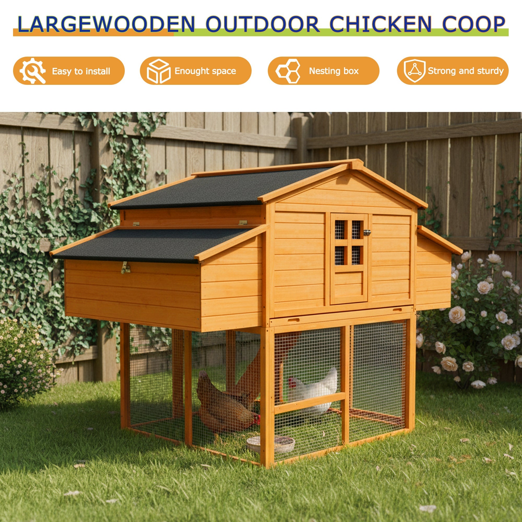 Chicken House for Outdoor with Two Nesting Boxes, Leakproof Pull-On Tray, and UV-Resistant Roof Panel by HouseOfZazla