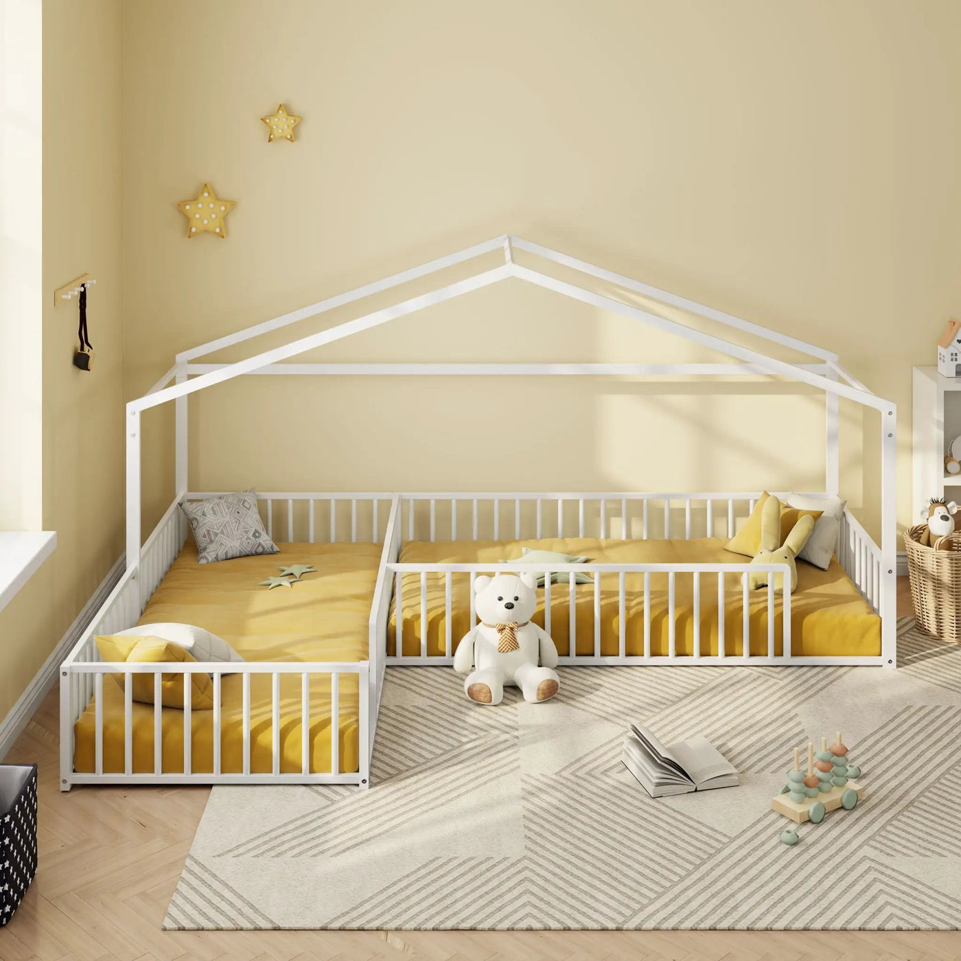 L-Shaped Montessori Bed For 2 Kids With Partitioned Fence by HouseOfZazla