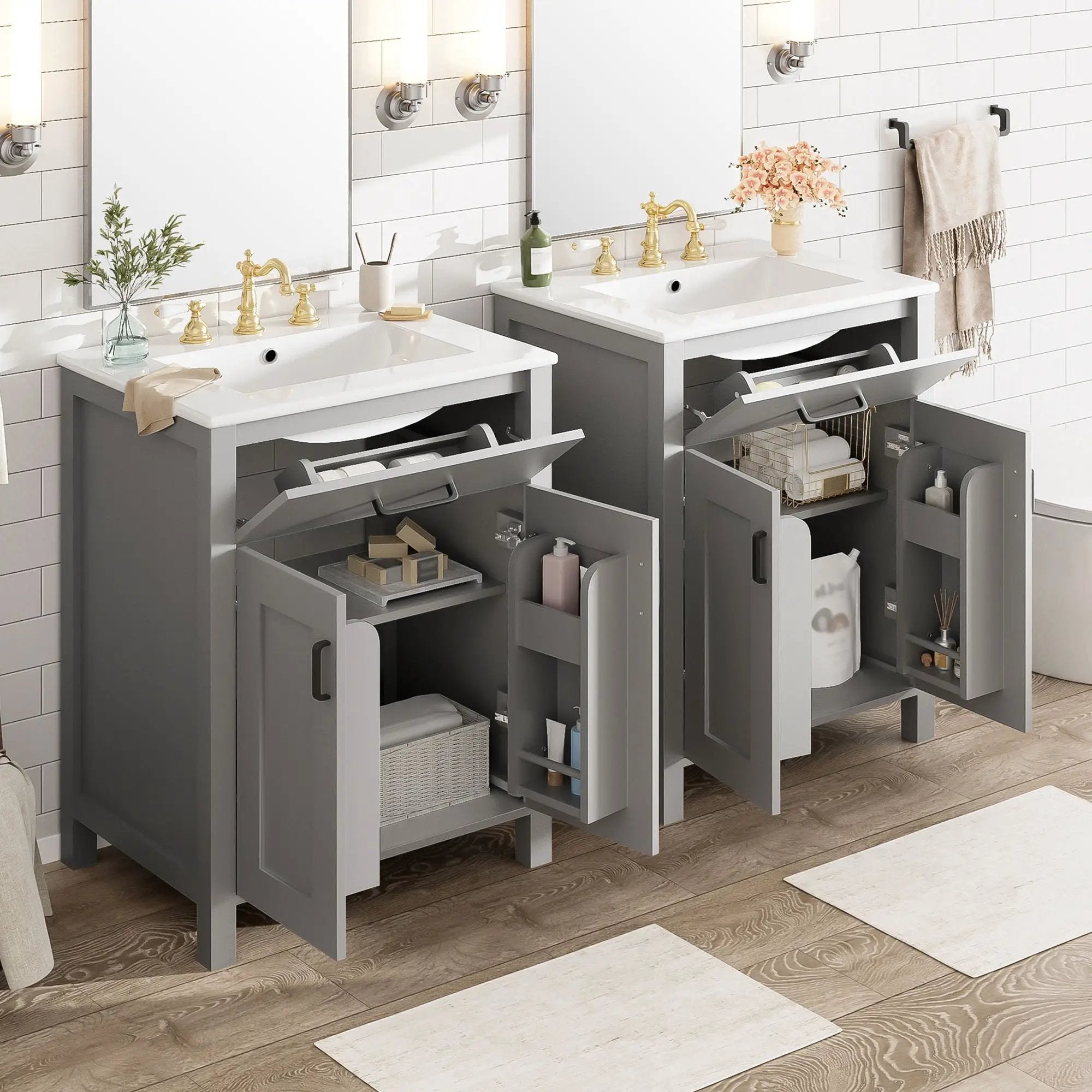 Bathroom Vanity With Ceramic Sink, Soft Close Doors, Flip Drawer, Double Layer Door Shelves by HouseOfZazla