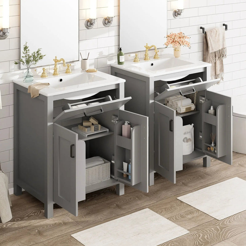 Bathroom Vanity With Ceramic Sink, Soft Close Doors, Flip Drawer, Double Layer Door Shelves by HouseOfZazla
