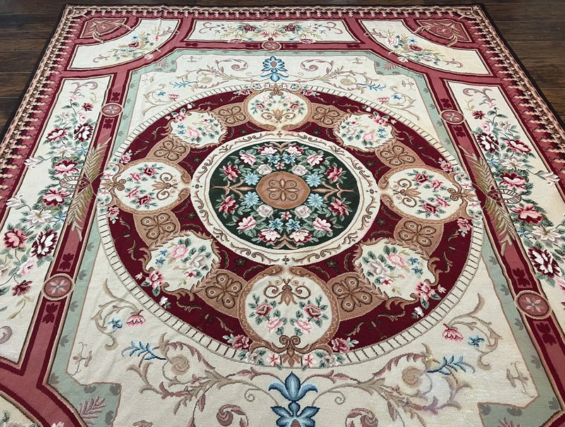Needlepoint Rug 7.9 x 9, Beige Maroon Rose, Handmade Handwoven Flatweave Aubusson Savonnerie French European Elegant Carpet, Wool Rug by Jewel Rugs