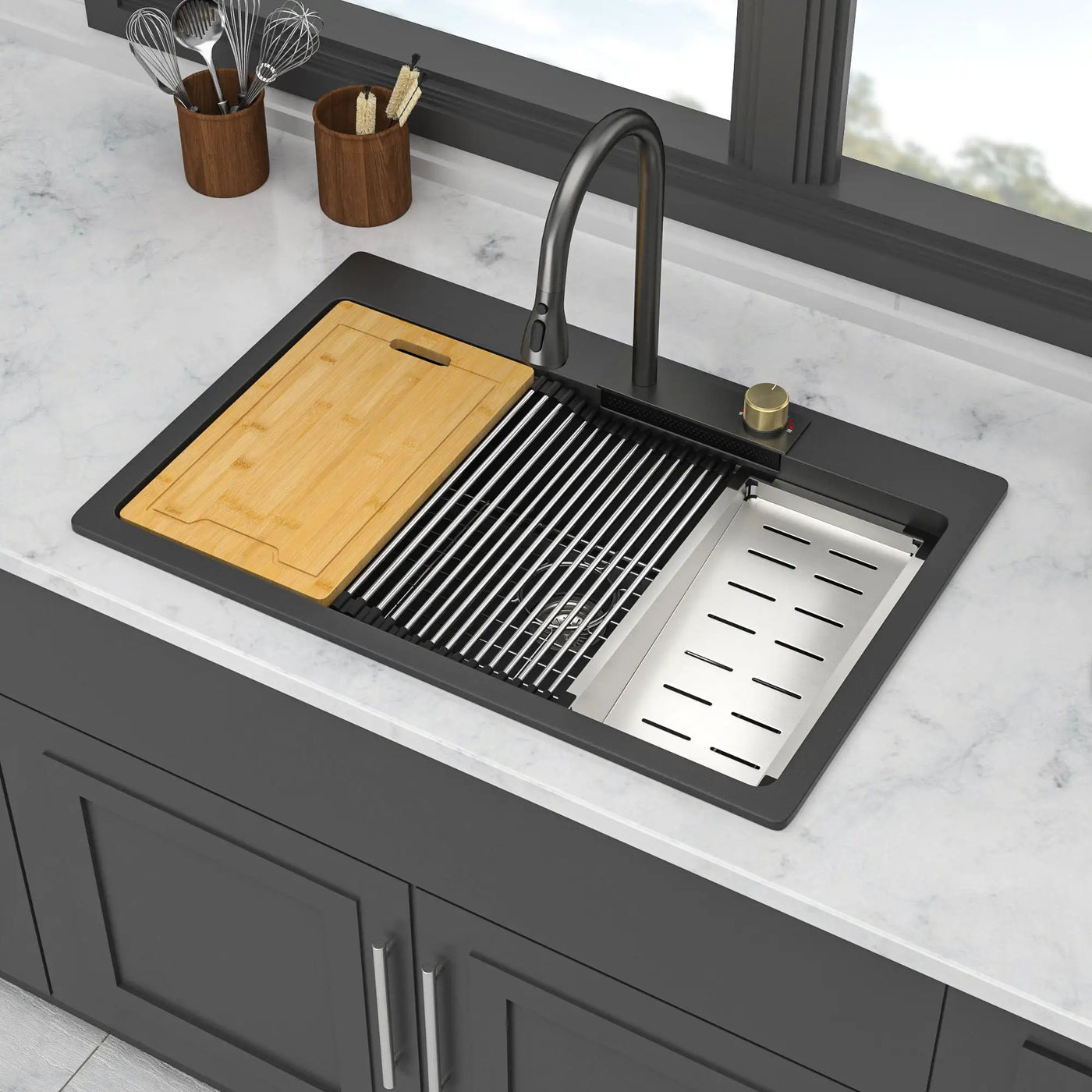 Waterfall Kitchen Sink With Pull Out Faucet & Cup Washer by HouseOfZazla