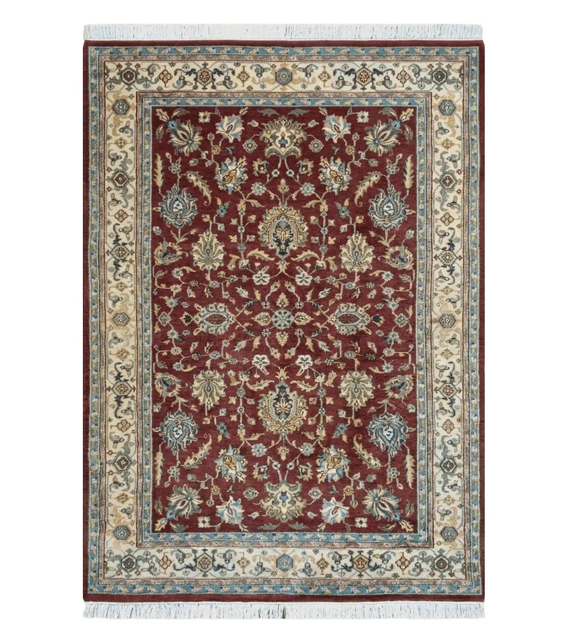 8x12 Indo-Mahal Rug, Floral Allover, Red & Beige, Wool Vintage Handmade Traditional Carpet by Jewel Rugs