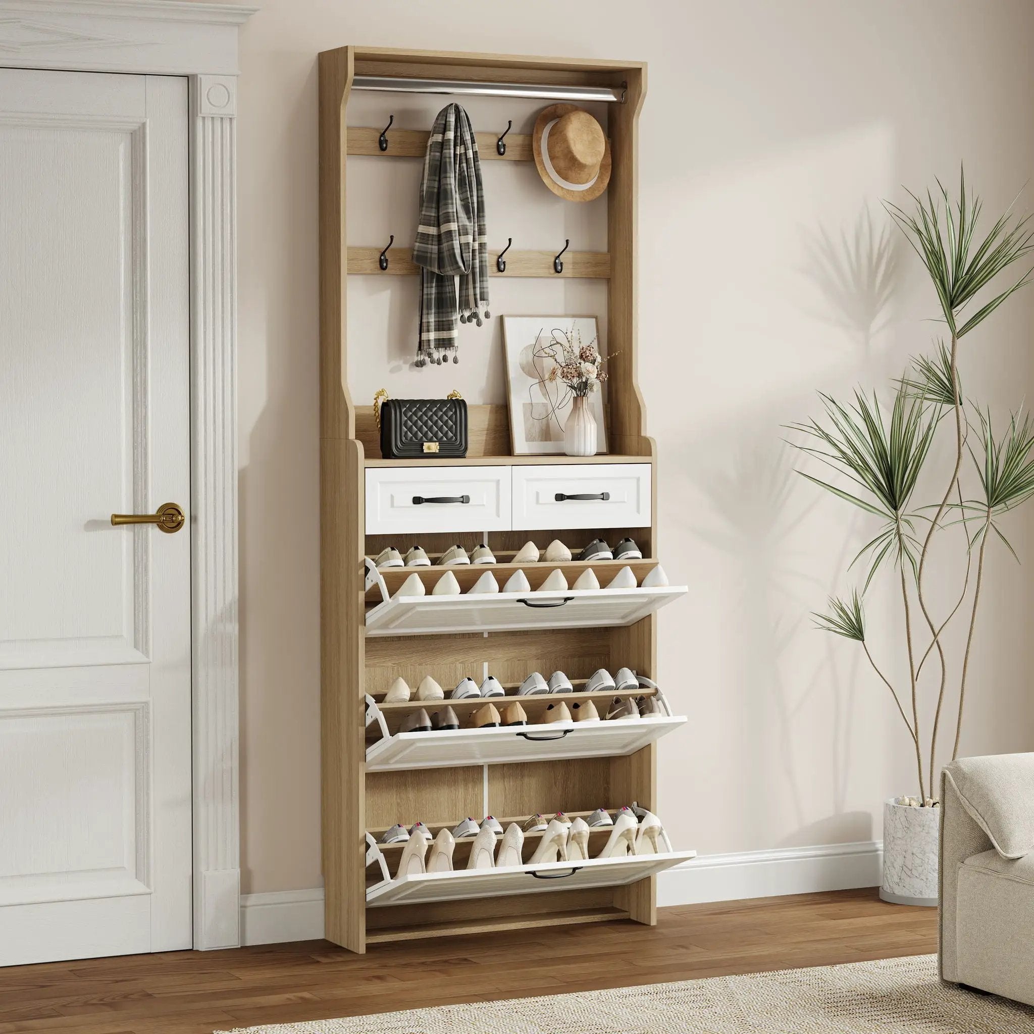 Shoe Cabinet With 3 Doors 2 Drawers With Hanger, Door With Shape, Large Space For Storage by HouseOfZazla