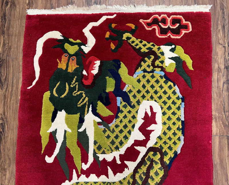 Vintage Chinese Dragon Rug 3 x 6.8, Handmade Hand Knotted Red Chinese Carpet with Gold Dragon, Art Deco Peking Soft Chinese Rug Runner by Jewel Rugs