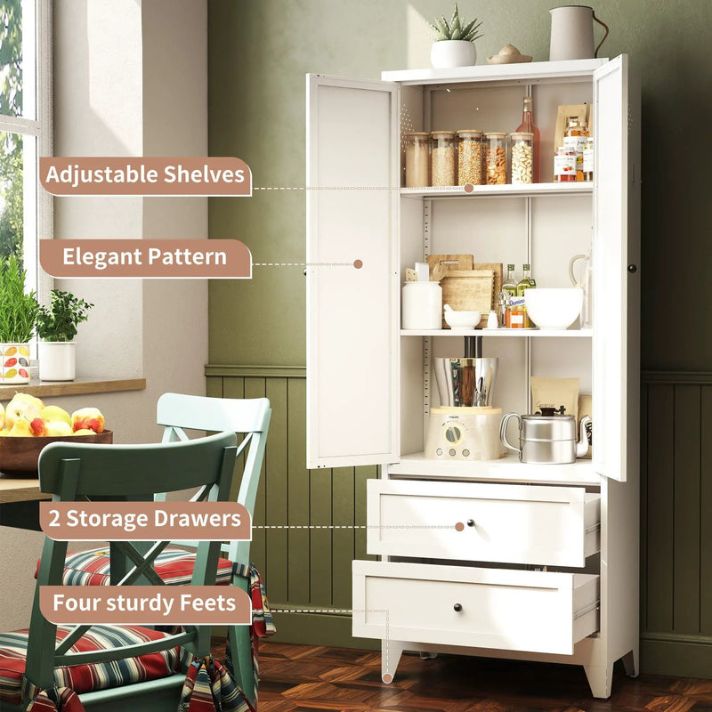 Pantry Cabinet With 2 Drawers, Freestanding Kitchen Storage Cabinet With Adjustable Shelves, Heavy-Duty Organizer For Spices, Dishware, Small Appliances - White by HouseOfZazla