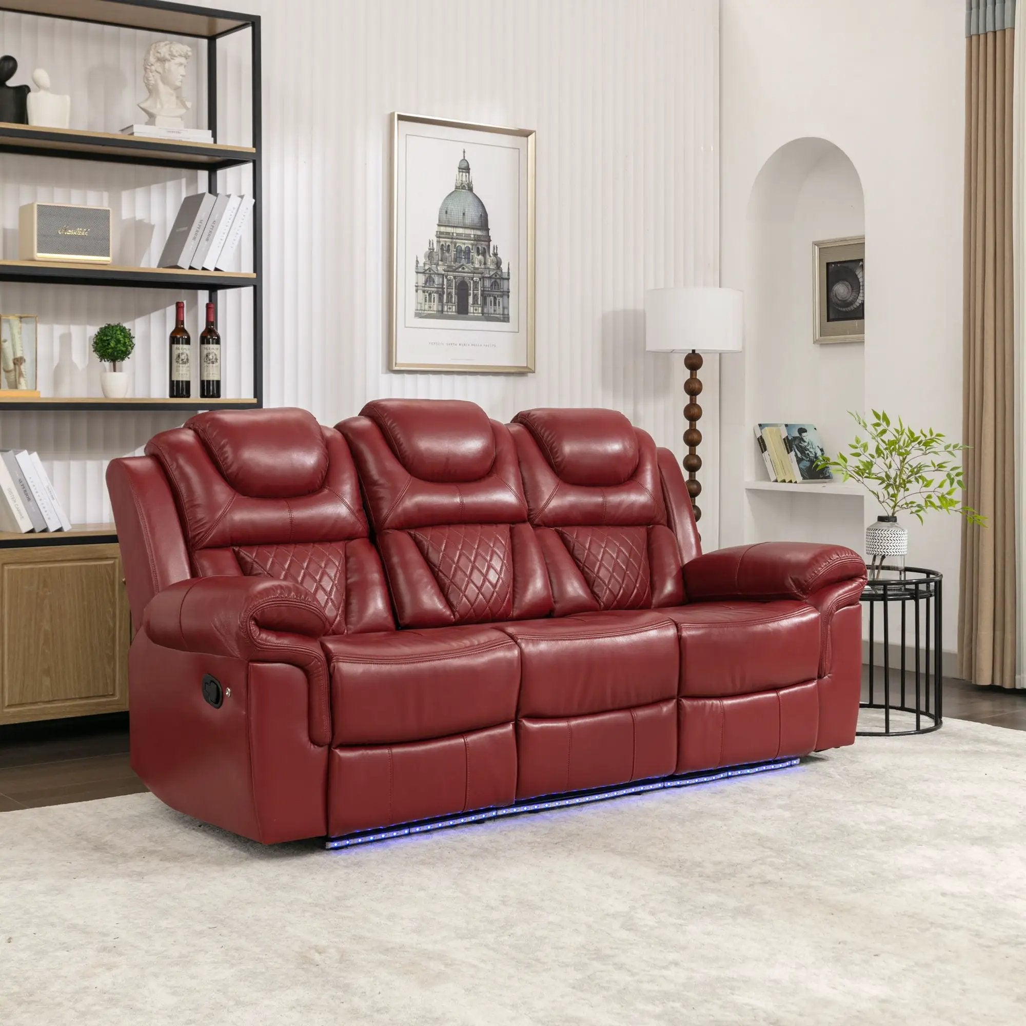 Home Theater Seating Manual Recliner Chair With Center Console And Led Light Strip For Living Room by Unique Piece Furniture